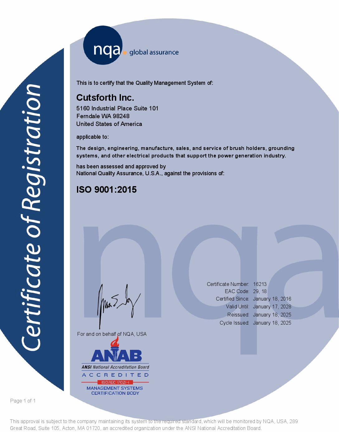 Cutsforth ISO 9001 Certificate of Registration Image