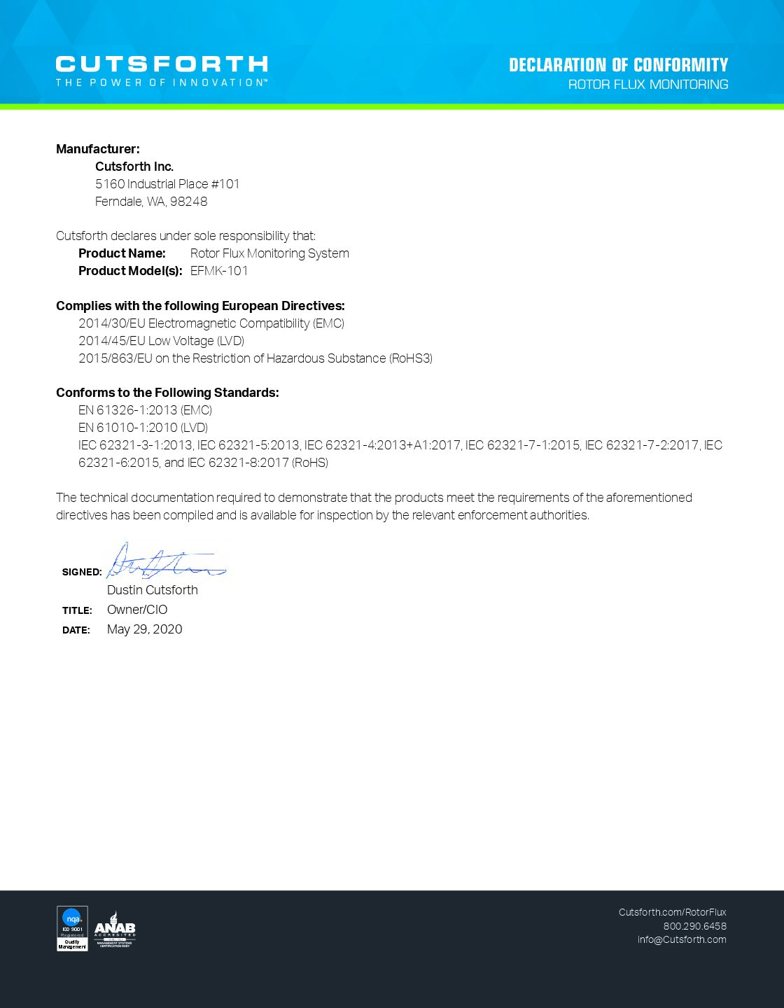 Cutsforth RFM Declaration of Conformity Image