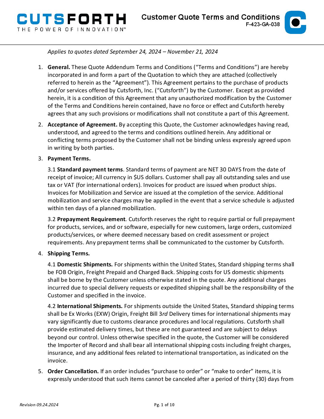 Customer Quote Terms and Conditions Sept 2024 Image