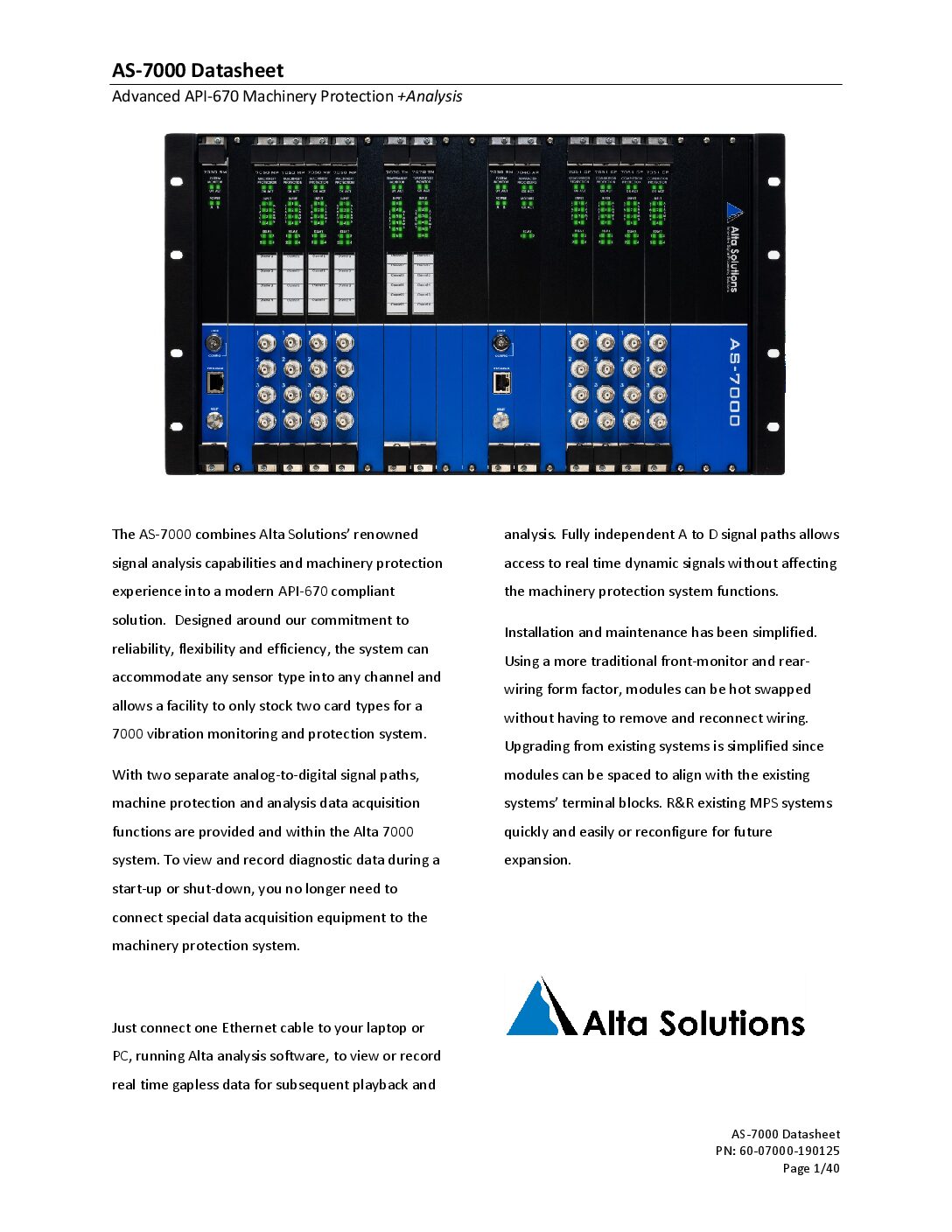 Alta Solutions AS-7000 Machine Protection System Data Sheet and Detailed Specifications Image
